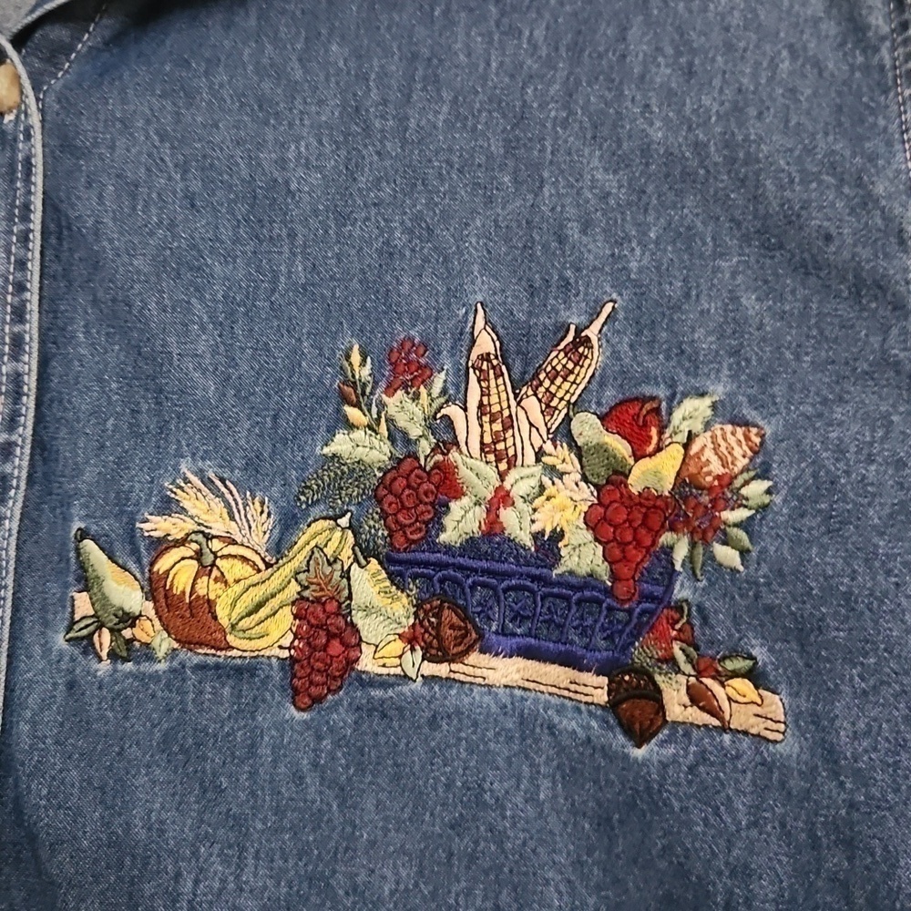 Vintage Fall Harvest Denim Top  Embroidered Autumn Pumpkin Patch Size 18 XL - Picture 2 of 11